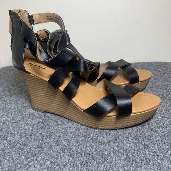 Anna Women’s Sandals Size 9.5 M Style 057–6059 Black Wedge - Picture 2 of 10